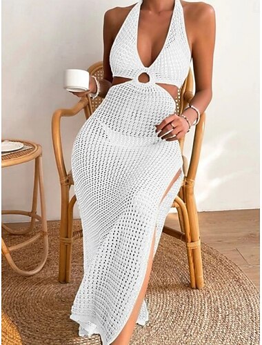 Couverture de maillot de bain femme robe sexy avec découpes crochet élégant vacances couleur unie col halter sans manches