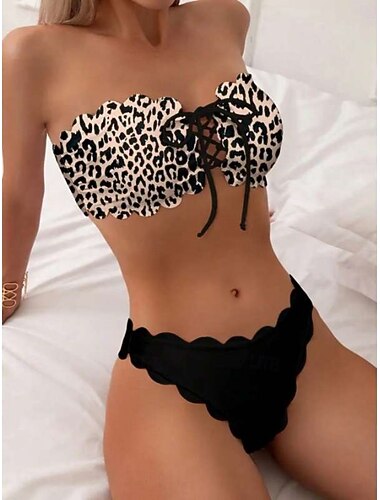  Γυναικείο Μπικίνι 2 Τεμαχίων Μαγιό Μπάρες Λεοπάρδαλου Ατακτες Διακοπές Παραλία Ακάλυπτο Μανίκια Σουτιέν
