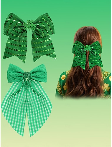  Set van 2 groene haarclips met strikjes voor dames, St. Patrick's Day - glinsterende pailletten &Haaraccessoires met ruitjespatroon en lint voor Ierse festivalfeesten en parades. &vakantieoutfits