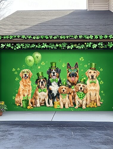  Garasjeportdeksel til St. Patricks dag, søte hunder i leprechaunhatter med kløver, festlig utendørsdekorasjon til St. Patricks dag-feiring.
