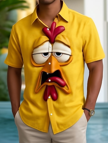  Homme Coq Dessin Animé 3D Visage Souriant Chemise Chemise Boutonnée Manche Courte Drôle Fête Été Printemps Col Rabattu Impression 3D chemises à col Orange jaune Jaune Orange
