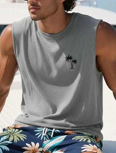  Voor heren Singlet Vest Top Onderhemd Mouwloos shirt Mouwloos Strakke ronde hals Zomer Kokosnootboom Modieus Ontwerper Basic Klassiek Vakantie Straat Uitgaan blauw Zwart Lichtgroen Top T-shirt voor