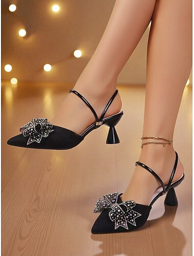  Damslip-ins med strass och rosett - glittriga slip-on-skor med spetsiga tår och låg klack, dubbla remmar, glamorös feststil för kvällen &utekväll
