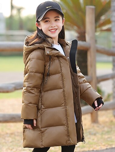  Infantil Para Meninas Jaqueta de penas Casaco puffer Côr Sólida Esportes Bolsos Mantenha Quente A prova de Vento Ao ar livre Casaco agasalhos 5-12 anos Inverno Preto Café