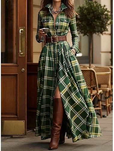  Per donna Abito maxi Abito a Tubino Vacanza Casual Boho Quotidiano Vestibilità regolare Plaid Manica Lunga Colletto a Camicia Blu Rosso Verde Primavera Autunno Inverno