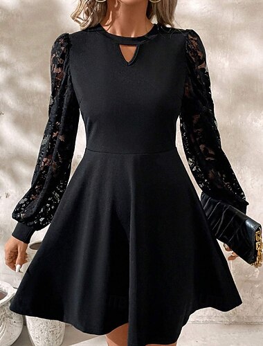  Per donna Mini Abito Abito nero Abito in Pizzo Elegante Moderno Manica a Lanterna All'aperto Compleanno Cocktail party Taglia piccola Semplice Manica Lunga Girocollo Nero Primavera Autunno