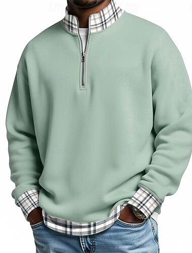  Herren Karomuster Waffel-Poloshirts Poloshirts mit Reißverschluss Langarm Polo-Shirts Großvaterkragen Lässig Schule Athleisure Ferien Alltagskleidung 3D-Druck Viertelreißverschluss-Poloshirt Frühling