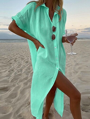  Per donna Abito Midi Vestito Estivo Abito a Tubino Abito Estivo Spiaggia Quotidiano Ferie Vestibilità comoda Semplice Manica Corta Bavero Bianco Rosa Verde Estate