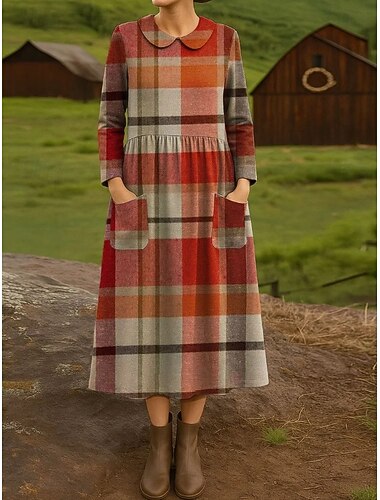  Mulheres Vestido midi Vestido da bainha vestido plissado Férias Casual Boho Feriado vestido de primavera Normal Xadrez Manga Longa Gola Redonda Azul Vermelho Azul Céu Laranja Primavera Outono