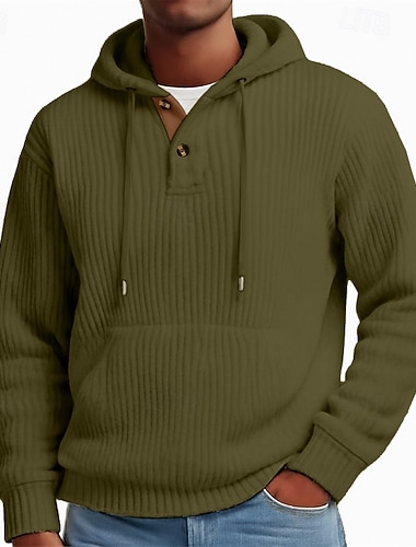  Herren Kapuzensweatshirt Pullover Kapuzensweatshirt Kapuzenpullover mit Knöpfen Rippenstrick Schwarz Weiß Armeegrün Beige Mit Kapuze Einfach Kängurutasche Strukturiert Lässig Täglich Sport & Outdoor