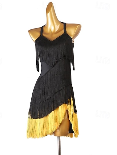  schwarze Damen &Lateinamerikanisches Tanzkleid mit goldenen Fransen – Neckholder, zweifarbig, für Rumba, Salsa, Cha-Cha-Cha und Gesellschaftstanz