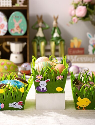  Conjunto de 3 cestos organizadores em formato de coelhinho da Páscoa, feitos de tecido não tecido com enfeites de ovos de Páscoa, perfeitos para decoração de primavera, Páscoa e organização sazonal.
