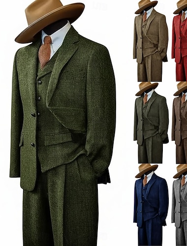  Masculino Tweed Suits O negócio Casamento Azul Cáqui Claro Outono & inverno Terno Lapela Chanfrada Negócio Retro Vintage Padrão Diagonal Moderno Conjunto de 3 peças Comum 2 Botões