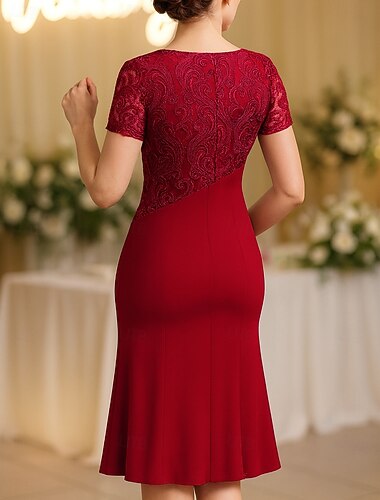  A-الخط طول الركبة فستان الحفلة فستان كوكتيل فستان زفاف ضيف فستان أم العروس كم قصير رقبة عالية مدورة أنيق عتيق فاخر حفلة كوكتيل حفلة رسمية حفلة الزفاف مع حصى تطريز