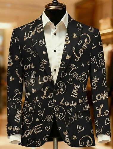  Valentinsdag Herre Tekst Blazer jakke Frakke Bekvem Afslappet Åndbart Kunstnerisk Afslappet Daglig Festaftentøj Festival 3D-udskrivning Knapper Multi lomme Alle årstider Hakrevers Langærmet Sort Rød