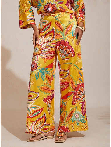 Seidene Boho-Hose mit Paisley-Muster und weitem Bein