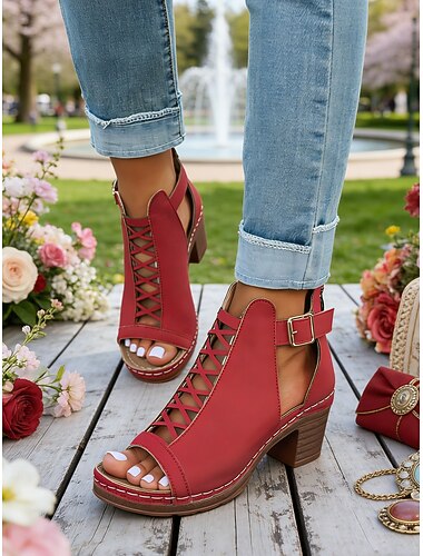  sandali rossi da donna con tacco spesso e chiusura a cerniera, design traforato per feste in giardino e abbigliamento casual