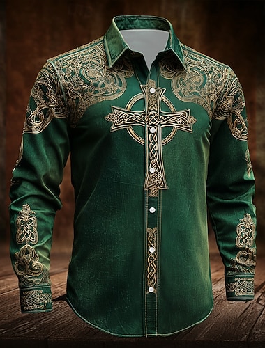  St. Patrick's Day Herren Keltisches Kreuz Aufwendiges Floral Hemd Button Up Hemd Langarm Vintage Retro Feiertag Frühling Herbst Umgeschlagen 3D Druck Leinenähnliches Hemd Hellgrün Grün