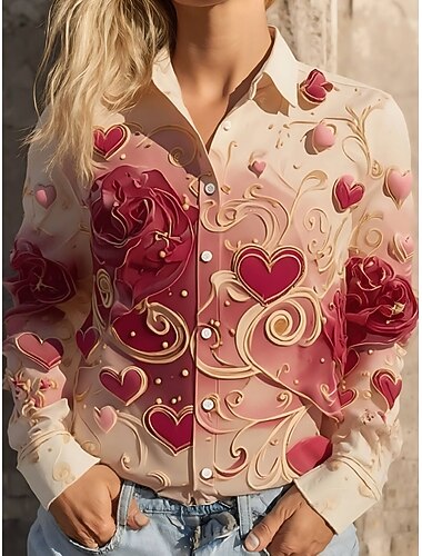  Valentinstag Damen Hemd Herz Grafik Vintage Stilvoll Modern Langarm Hemdkragen Normale Oberteile Täglich Ferien Rosa Sommer Frühling Herbst Winter