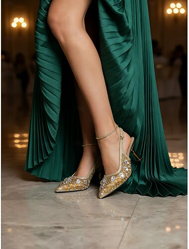  dames gouden slingback hakken met parelversieringen – luxe schoenen met puntige neus voor bruiloften, feesten en formele gelegenheden