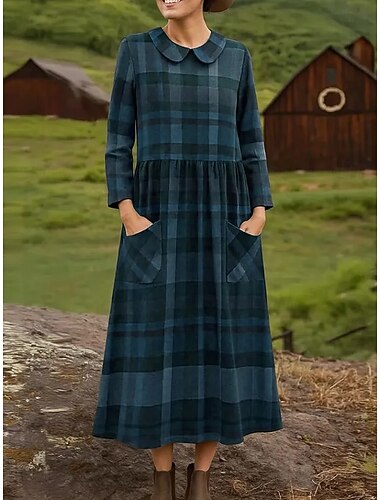  Mulheres Vestido midi Vestido da bainha vestido plissado Férias Casual Boho Feriado vestido de primavera Normal Xadrez Manga Longa Gola Redonda Azul Castanho Claro Marron Primavera Outono