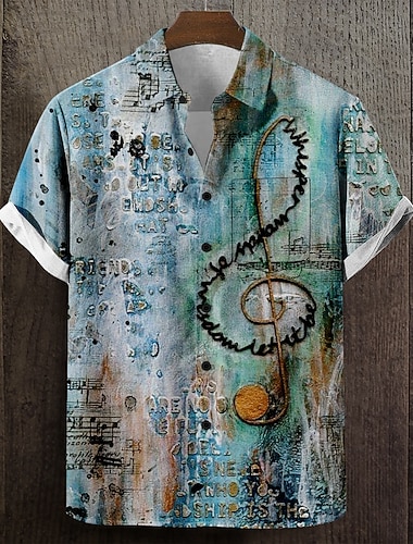 Miesten Nuotit Paita Kesä paita Button Up paita Lyhythihainen Vintage retro musiikkifestivaali Pyhäpäivä Kesä Sänkyjen avaus 3D-tulostus Edessä yksi tasku Pellava kuin paita Sininen