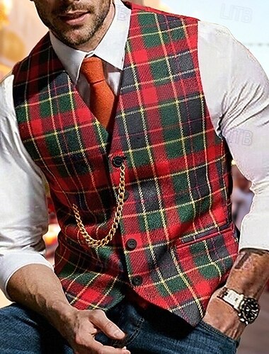  Hombre Chaleco Exterior Carnaval Fiesta Oficina / Carrera Moda Ropa de calle Primavera Otoño Botones Polyester Tejido Transpirabilidad Plaid Botonadura Simple Escote en Pico A Medida Rojo Chaleco