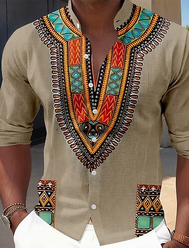  Herre Geometrisk mønster Etnisk Indisk kultur Skjorte Skjorte med knapper Skjorte med stativ krage Langermet Vintage retro Daglig utendørs Feriereise Vår Høst Kinesisk Krave Båndkrage 3D-utskrift Lin