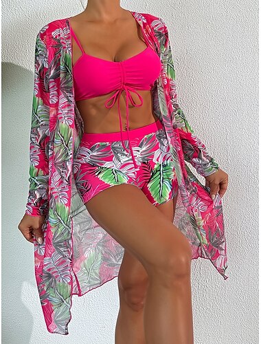  Damen Bikini 3-teilig Badeanzug Palmen Shorts Schmal Rückenfrei Urlaubs Tropisch Blumen V-Hals Langarm Badeanzüge