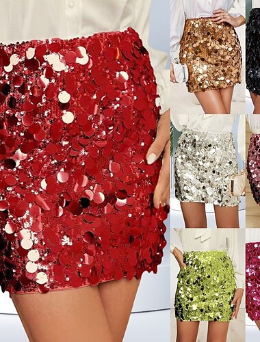  Damen Mode Mini Hohe Taille Röcke Einfach Pailletten Unelastisch Party Date Schwarz Weiß Rote Gold Sommer Spandex Polyester