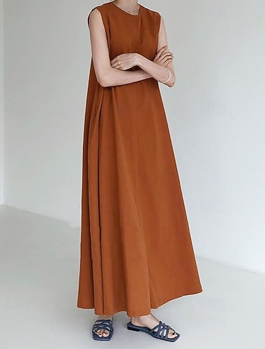  Damen Langes Kleid Maxikleid Kunstbaumwollleinen Shiftkleid Sommerkleid Freizeitkleid Elegant Mode Modern Täglich Urlaub Ausgehen Normale Passform Lässiger Schnitt Einfach Ärmellos Rundhalsausschnitt