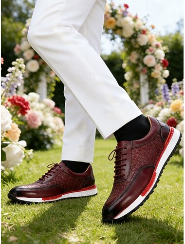  scarpe da corsa da uomo in pelle bordeaux: design sportivo con vestibilità comoda, perfette per matrimoni informali, eventi all'aperto e abbigliamento da fine settimana