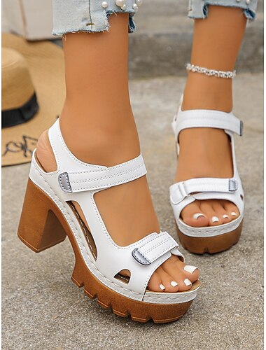  女性用 日常 チャンキーヒール オープントゥ ファッション 合皮 面ファスナー ブラック ホワイト ライトレッド