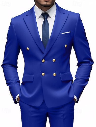  Per uomo Blazer + pantaloni eleganti Blazer Completi Affari Cocktail party Ricevimento di matrimonio 2 pezzi Moda Casual Primavera Autunno Poliestere Semplice Tasca Bottoni Confortevole Doppiopetto