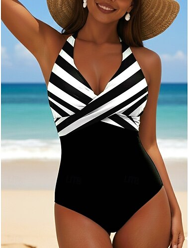  Traje de baño mujer de una pieza moldeador color bloque monokini corte alto control de abdomen cintura alta esbelto sin espalda vacaciones vintage ombre gráfico escote en V sin mangas