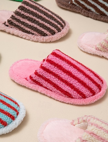  bomullstofflor för kvinnor stängd tå färgblock plysch randig päls inomhus mjuka mysiga hustofflor