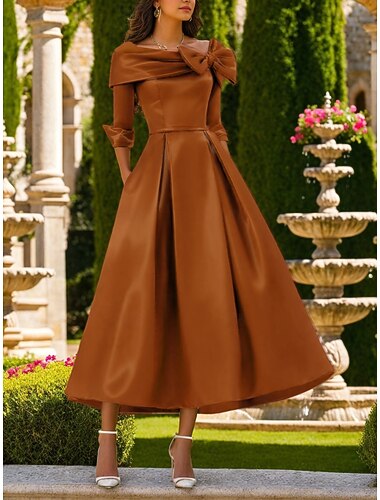  Ligne A Longueur thé Robes de Cocktail Robes de soirée Élégant ancien Manche 3/4 Col carré Mariage Formel Poche Satin avec Noeud(s) Poche