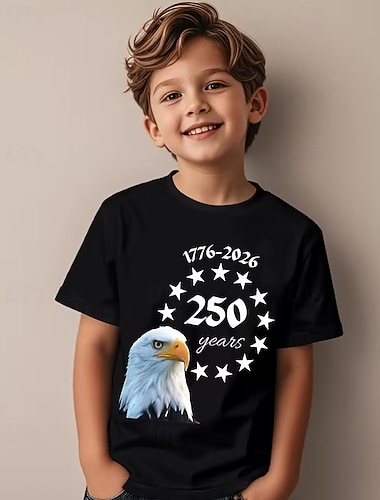  100% Baumwolle Kinder Jungen Schwarz Grafik Adler 250-jähriges Jubiläum T-Shirt Bluse Rundhalsausschnitt Kurzarm Outdoor Alltagskleidung Mode Streetwear Designer Drucken Sommer