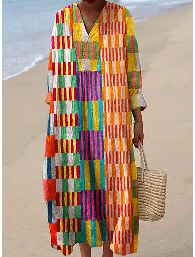  Dames Maxi-jurk Zonnejurk Hemdjurk Vakantie Casual Strand Uitgaan Ruim Passend Grafisch Geometrisch Abstract Lange mouw V-hals Geel Oranje Donkerblauw Zomer Lente Herfst