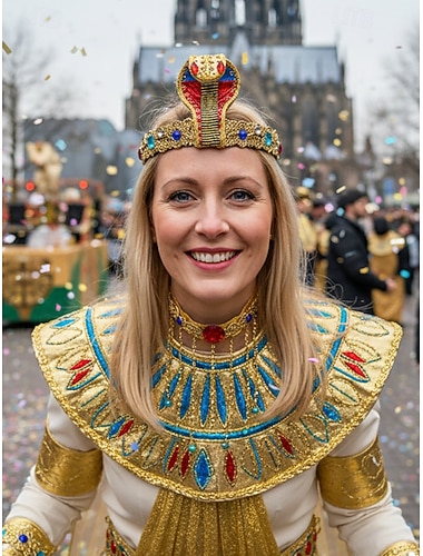  Vrouwen's Mardi Gras Polyester Egyptische Koningin Kostuum Set Haarband Ketting en Armband met Kleurrijke Edelstenen Ideaal voor Carnaval en Maskerade Bals