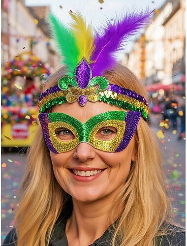  Damenschuhe Mardi Gras Polyester Pailletten-Maske und Haarband Set – Kräftige Farben mit Federn perfekt für Karneval und Maskenpartys