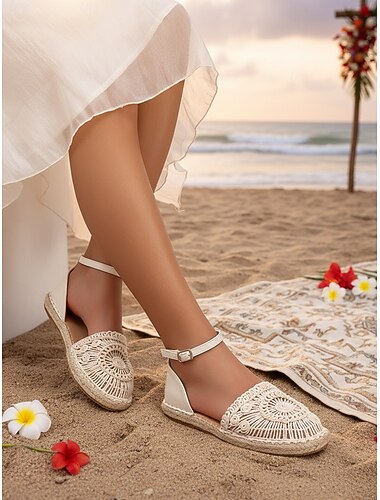  hvite espadriller i blonder til dame – bohemske brudepikesko til strandbryllup, komfortable heklede lukkede sko til utendørsseremonier
