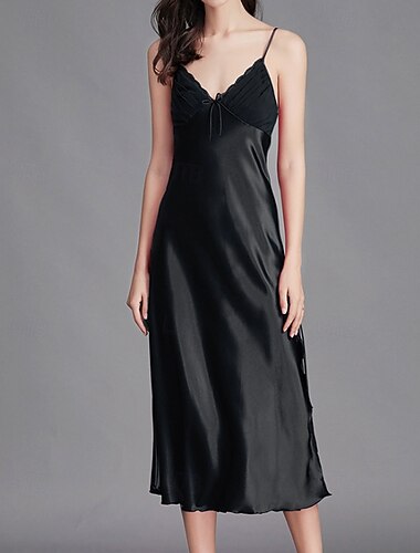  Camicia da notte in raso da donna, sexy, casual, in pizzo, tinta unita, senza schienale, per tutti i giorni, per casa, letto, senza maniche, spalline, nera, champagne, rosa, rosso, blu navy, estiva, vestibilità regolare