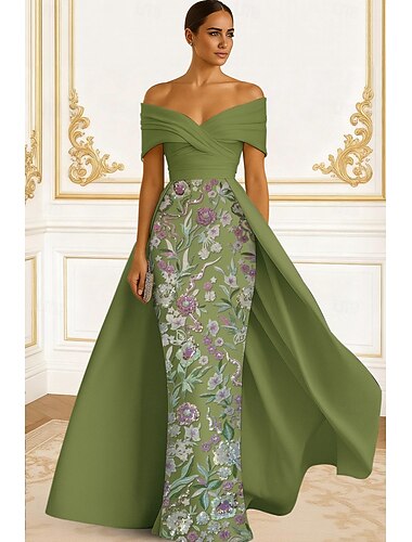  A-Linie Bodenlang Perlenbestickt Abendkleid Kleid der Brautmutter Abendkleid Ballkleid mit Überrock Festliche Kleidung Elegant Hoher Schlitz Kurzarm Schulterfrei Hochzeit Formell Satin Spitze mit
