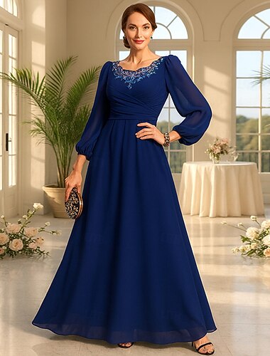  A-Linie bodenlanges Ballkleid Partykleid Abendgala Brautmutterkleid Langarm V-Ausschnitt Elegant Vintage Party mit Spitzen Perlenstickerei