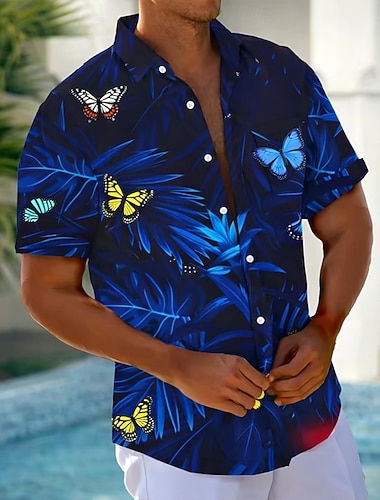  Per uomo Farfalla Foglia di palma Bagliore al neon Camicia hawaiana estiva Camicia con Bottoni Camicia Aloha Manica Corta Hawaiano Casuale Vacanza Estate Primavera Collo ripiegato Stampa 3D camicie
