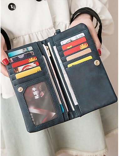  Damesportemonnee van imitatieleer met lange polsband, multi-pasjeshouder en muntvakje met ritssluiting, slanke clutch in vintage stijl, verkrijgbaar in meerdere kleuren, voor dagelijks gebruik, reizen, winkelen en als cadeau.