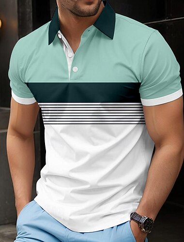  Ανδρικά Ριγέ Πόλο Κοντομάνικο Μπλουζάκια πόλο Πέτο Καθημερινό Ένδυση γυμναστικής και άθλησης Καθημερινά Ρούχα 3D εκτύπωση Κουμπιά Καλοκαίρι Θαλασσί Ανθισμένο Ροζ Πράσινο του τριφυλλιού