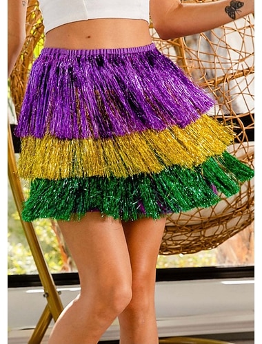  Karneval Kvinners Skjørt A Linje Moteblåser Casual Mini Høy Midje Skjørt Fargeblokk Frynse Inelastisk Daglig Fest Lilla Vår Polyster