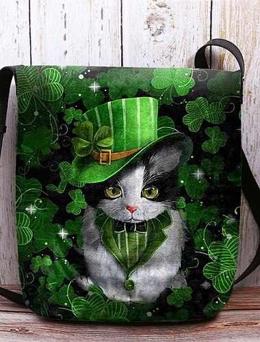  Dames crossbodytas voor St. Patrick's Day, gemaakt van fluweelachtig polyester met katten- en klaverprint, verkrijgbaar in verschillende designs, perfect voor feestelijke gelegenheden en dagelijks gebruik.